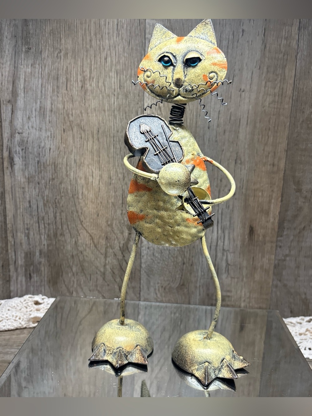 Metal Cool Cat Bluegrass Fiddle Musician Figure Sculpture Garden Indoor Art